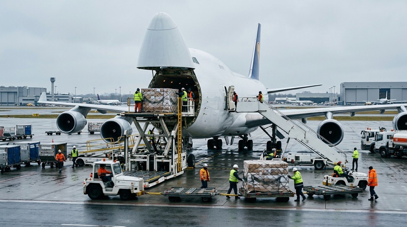 Air freight cargo operations on the tarmac