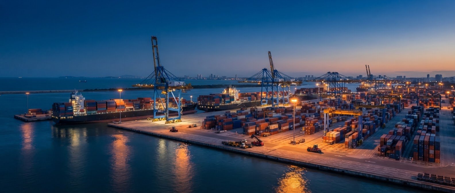 Container freight port at blue hour